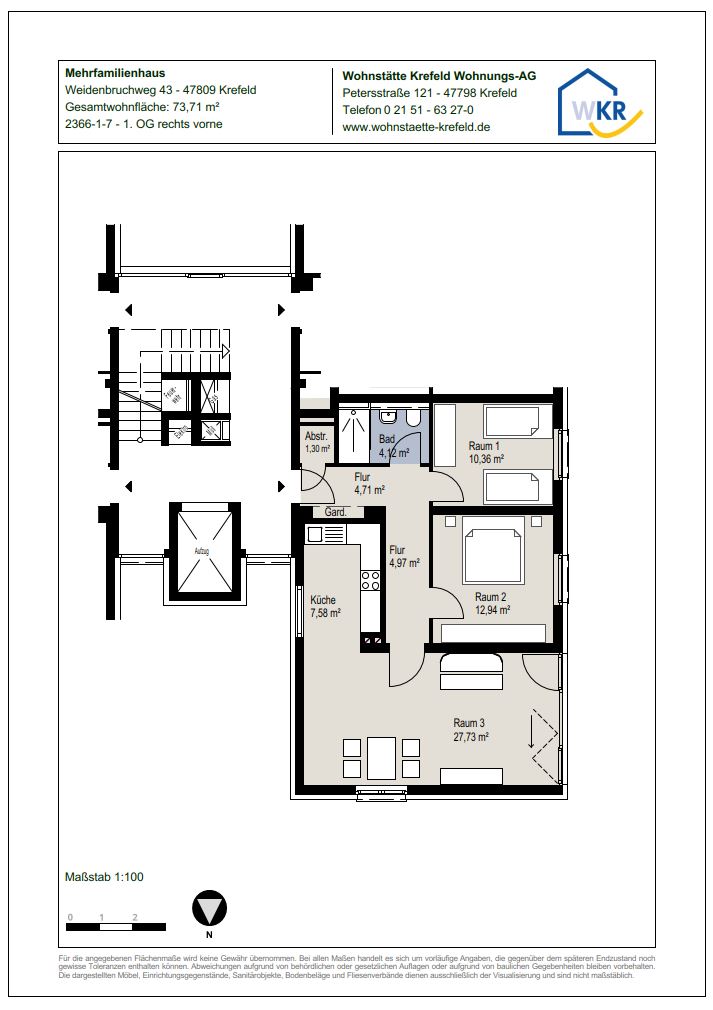 Grundriss-0-Sanierte 3-Zimmer-Wohnung mit Wohnberechtigungsschein im 1.OG in Krefeld-Linn