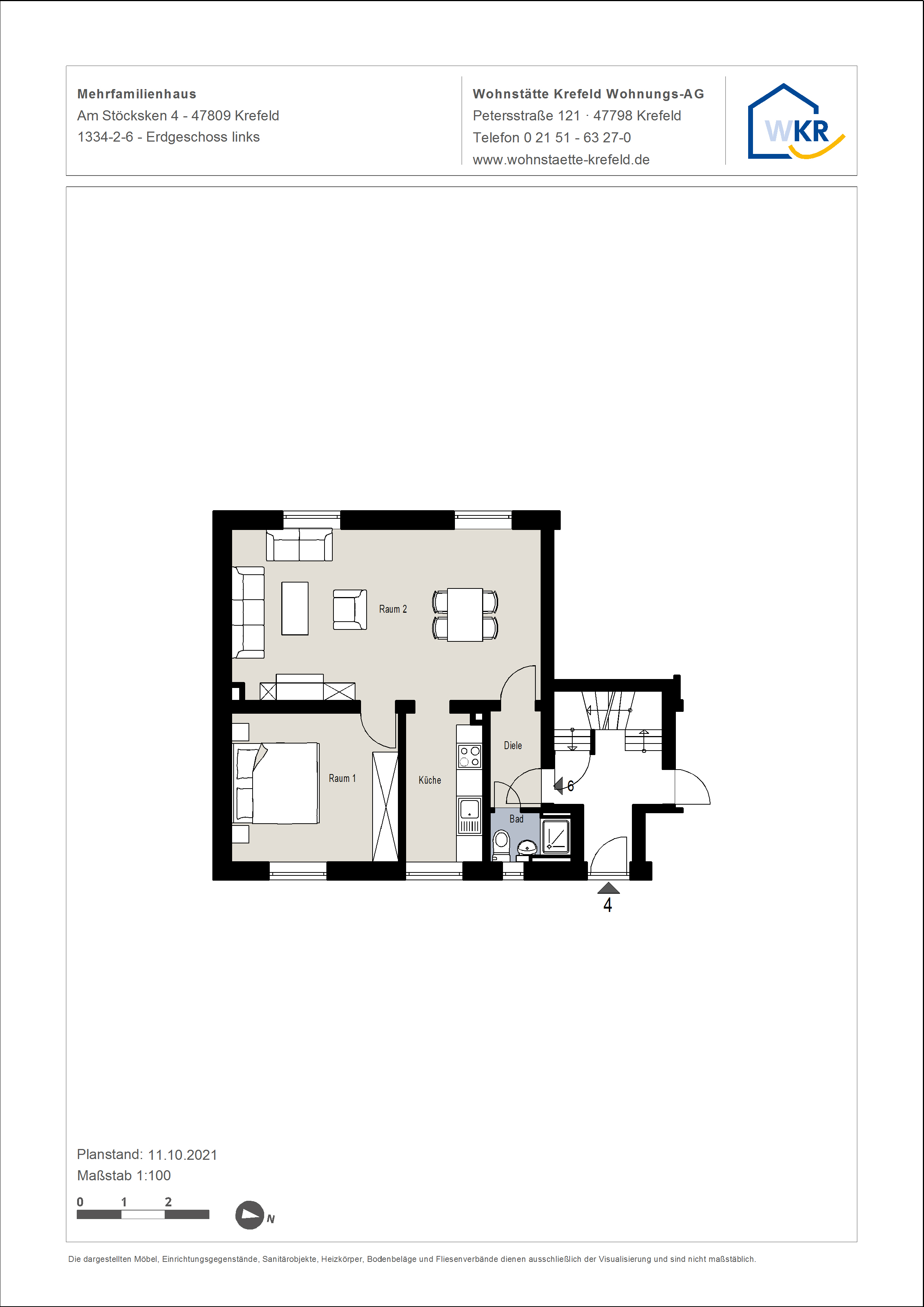 Grundriss-0-kleine 2-Zimmer-Wohnung im Grünen von Krefeld-Linn
