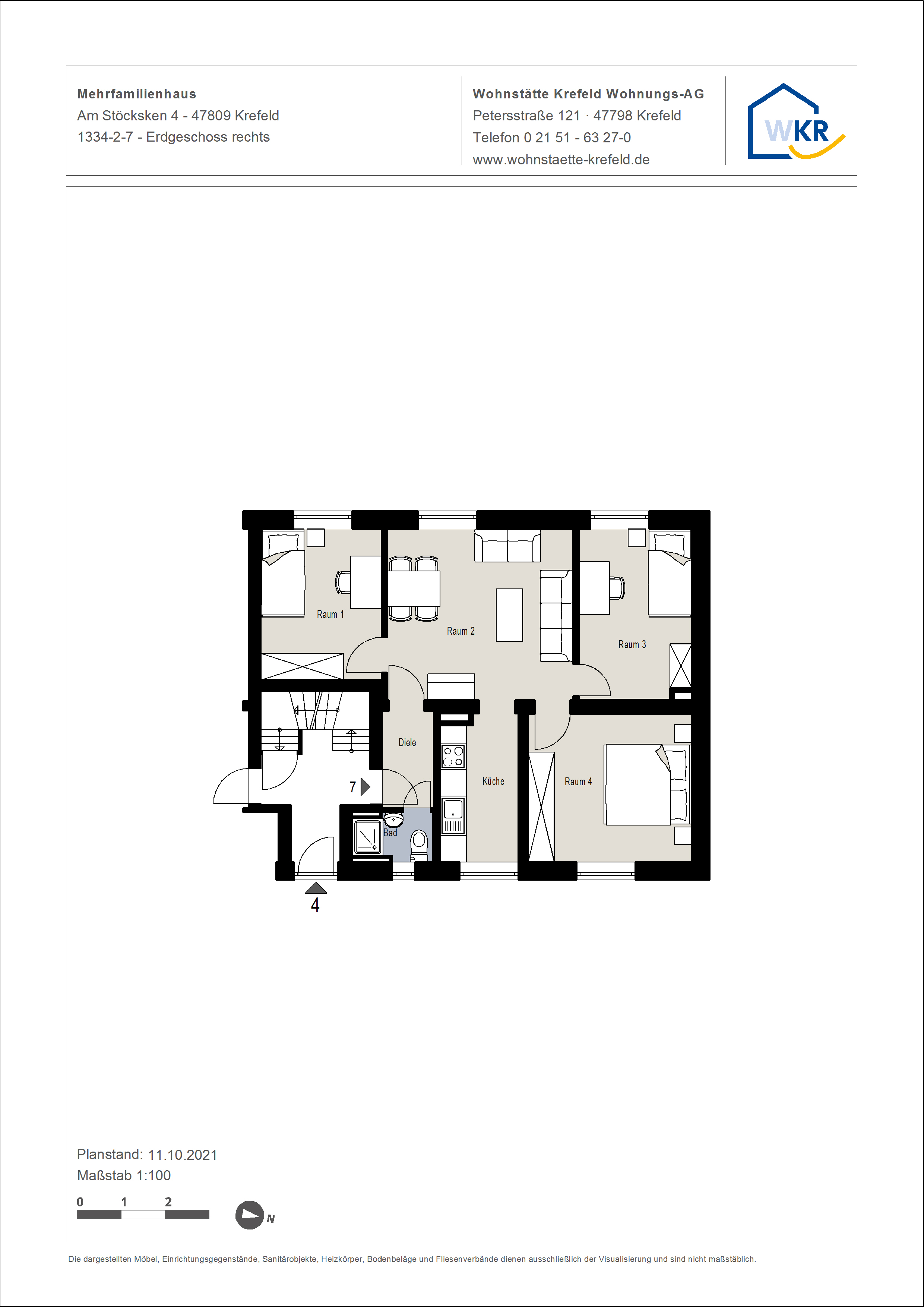 Grundriss-0-kleine 4-Zimmer-Wohnung in grüner Lage von Krefeld-Linn