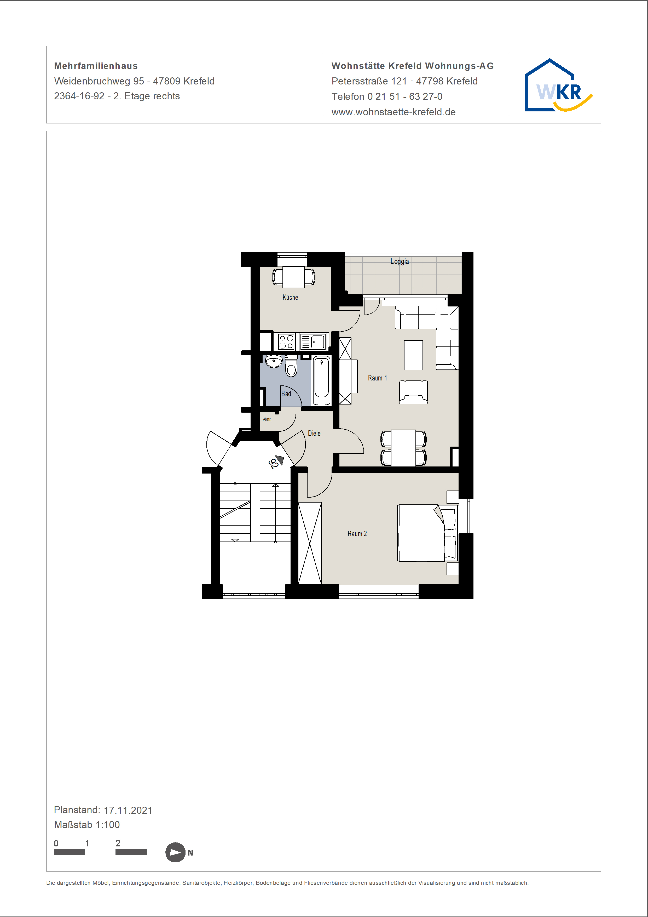 Grundriss-0-Geräumige modernisierte  2-Zimmer-Wohnung in Krefeld-Linn