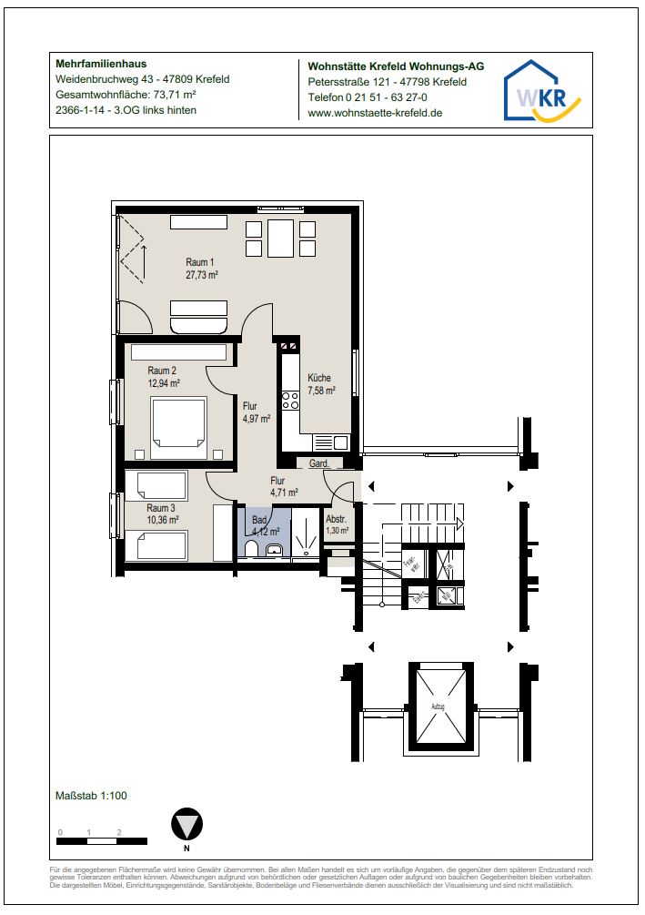 Grundriss-0-Sanierte 3-Zimmer-Wohnung mit Wohnberechtigungsschein im 3.OG in Krefeld-Linn
