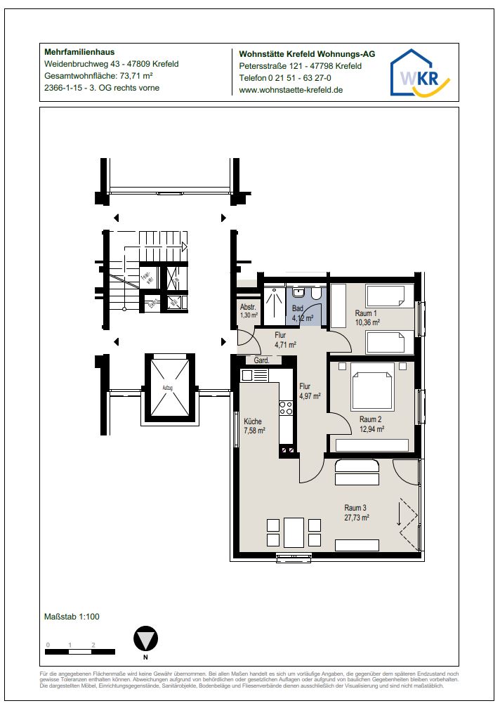 Grundriss-0-Sanierte 3-Zimmer-Wohnung mit Wohnberechtigungsschein im 3.OG in Krefeld-Linn