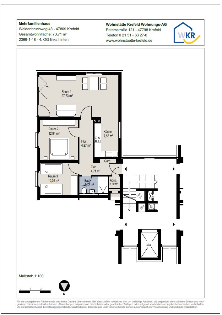 Grundriss-0-Sanierte 3-Zimmer-Wohnung mit Wohnberechtigungsschein im 4.OG in Krefeld-Linn