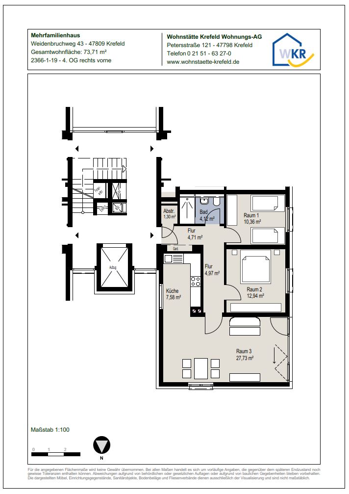Grundriss-0-Sanierte 3-Zimmer-Wohnung mit Wohnberechtigungsschein im 4.OG in Krefeld-Linn