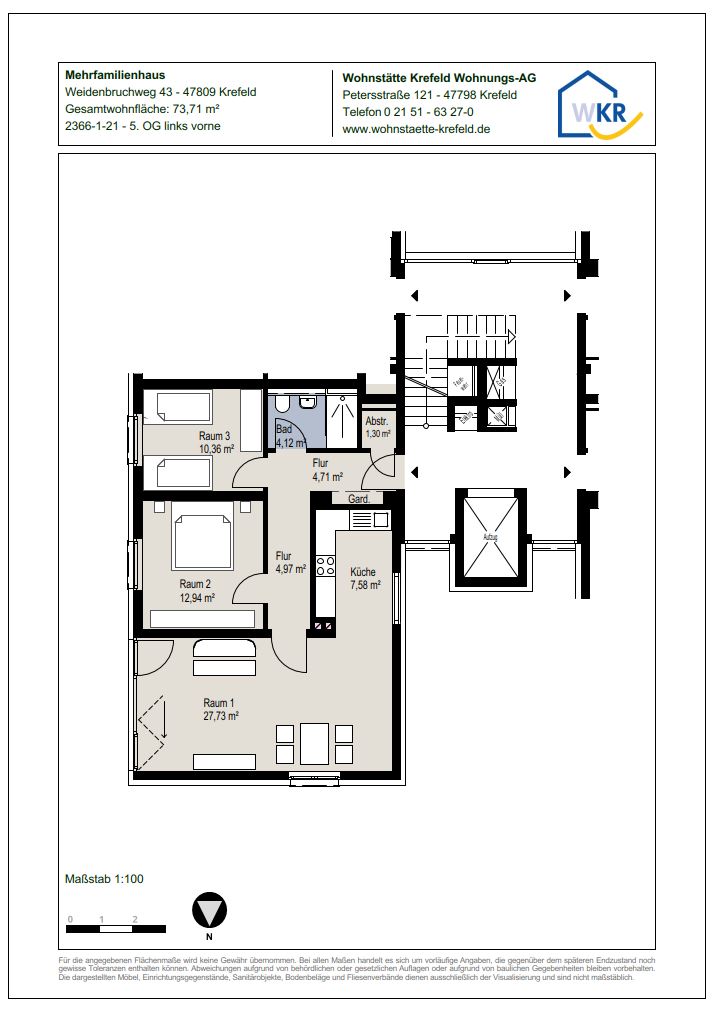 Grundriss-0-Sanierte 3-Zimmer-Wohnung mit Wohnberechtigungsschein im 5.OG in Krefeld-Linn