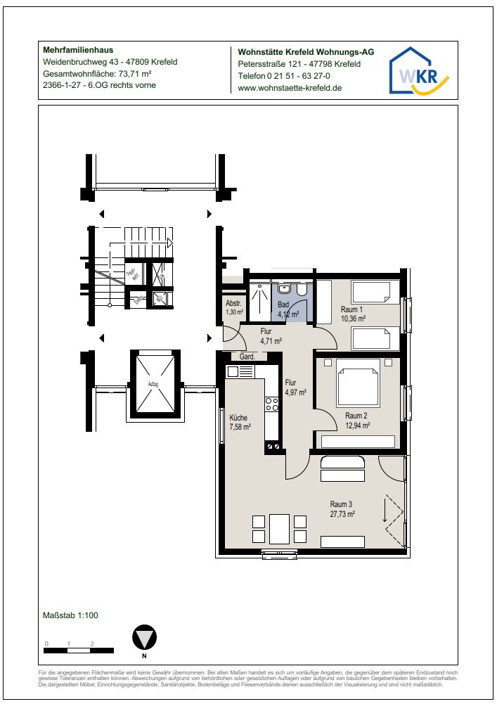 Grundriss-0-Sanierte 3-Zimmer-Wohnung mit WBS im 6.OG in Krefeld-Linn