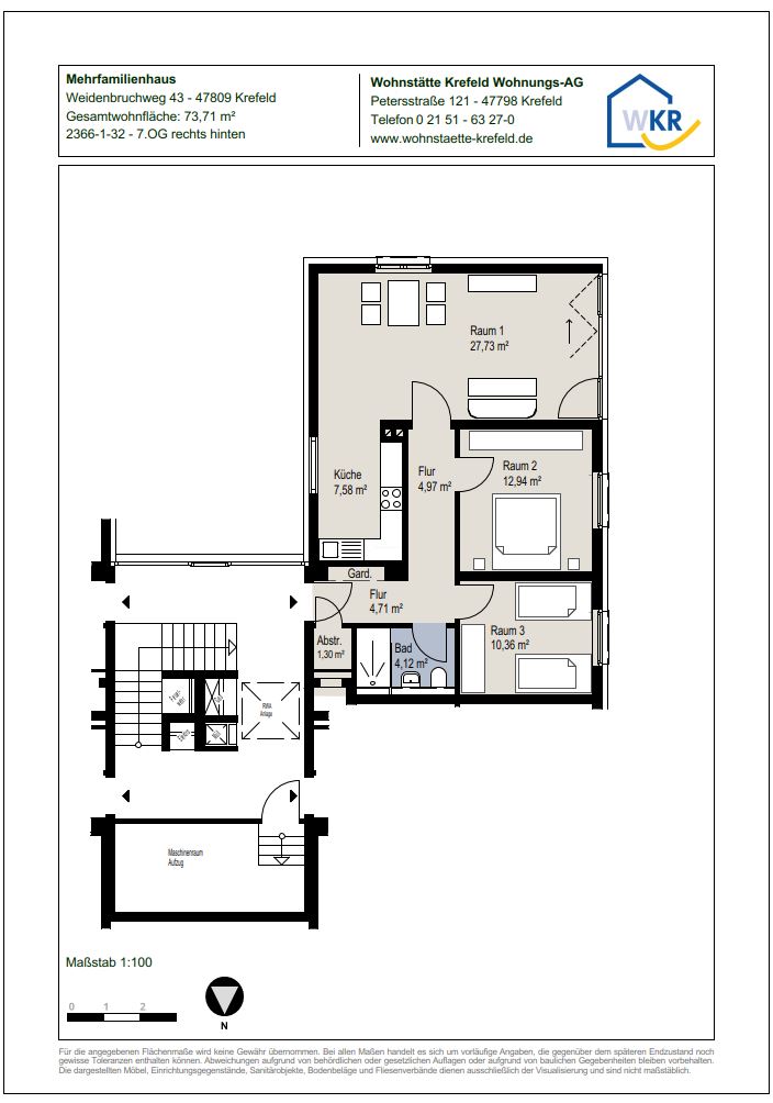 Grundriss-0-Sanierte 3-Zimmer-Wohnung mit WBS im 7.OG in Krefeld-Linn