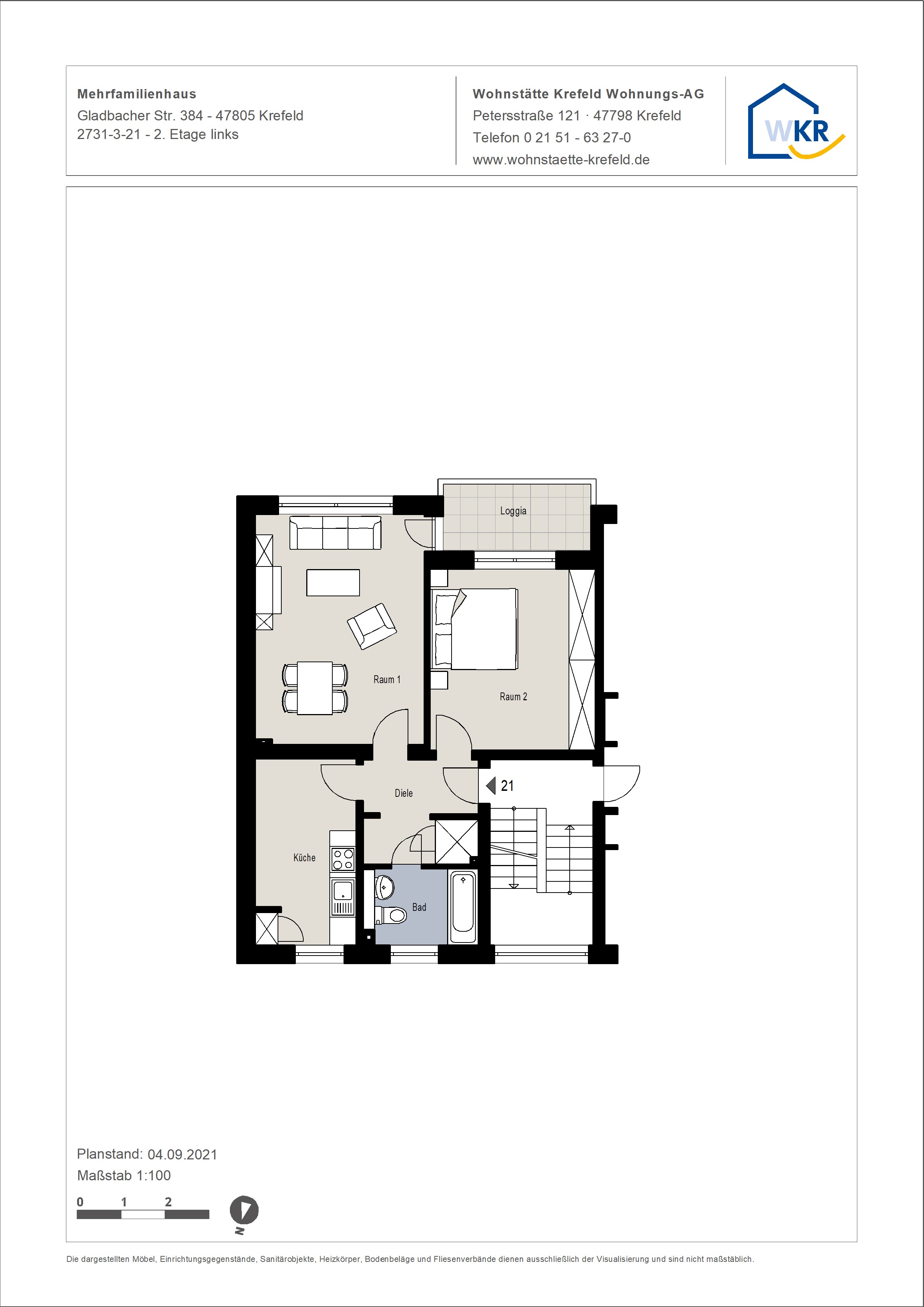 Grundriss-0-Wohnung im 2. OG mit Loggia im südwestlichen Citybereich