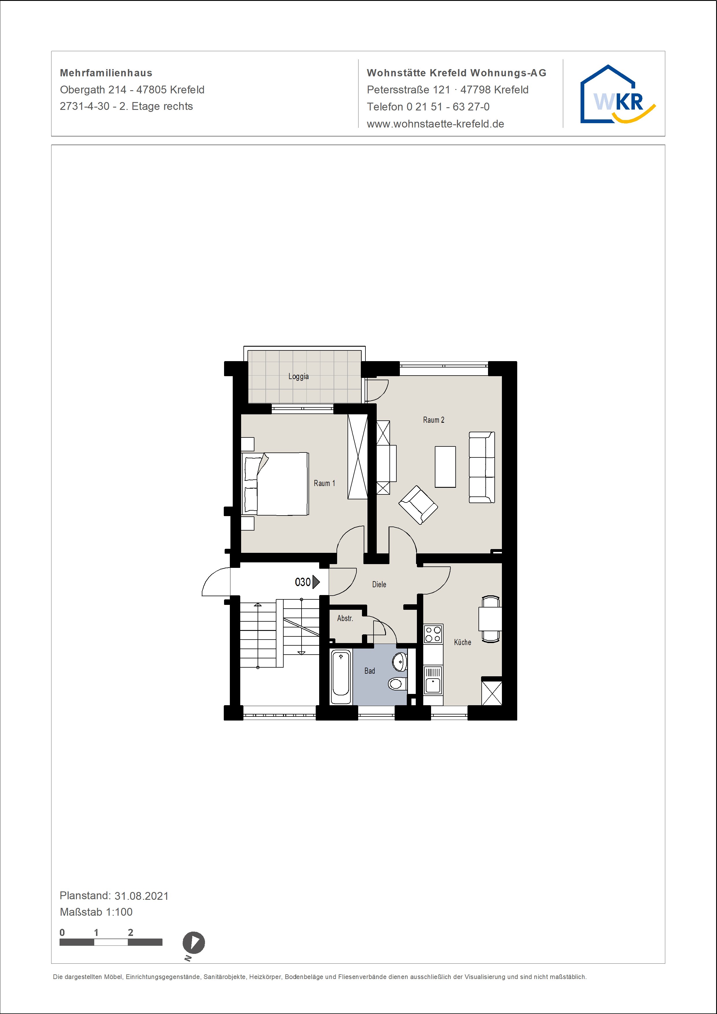 Grundriss-1-Wohnung im 2. OG mit Loggia im südwestlichen Citybereich